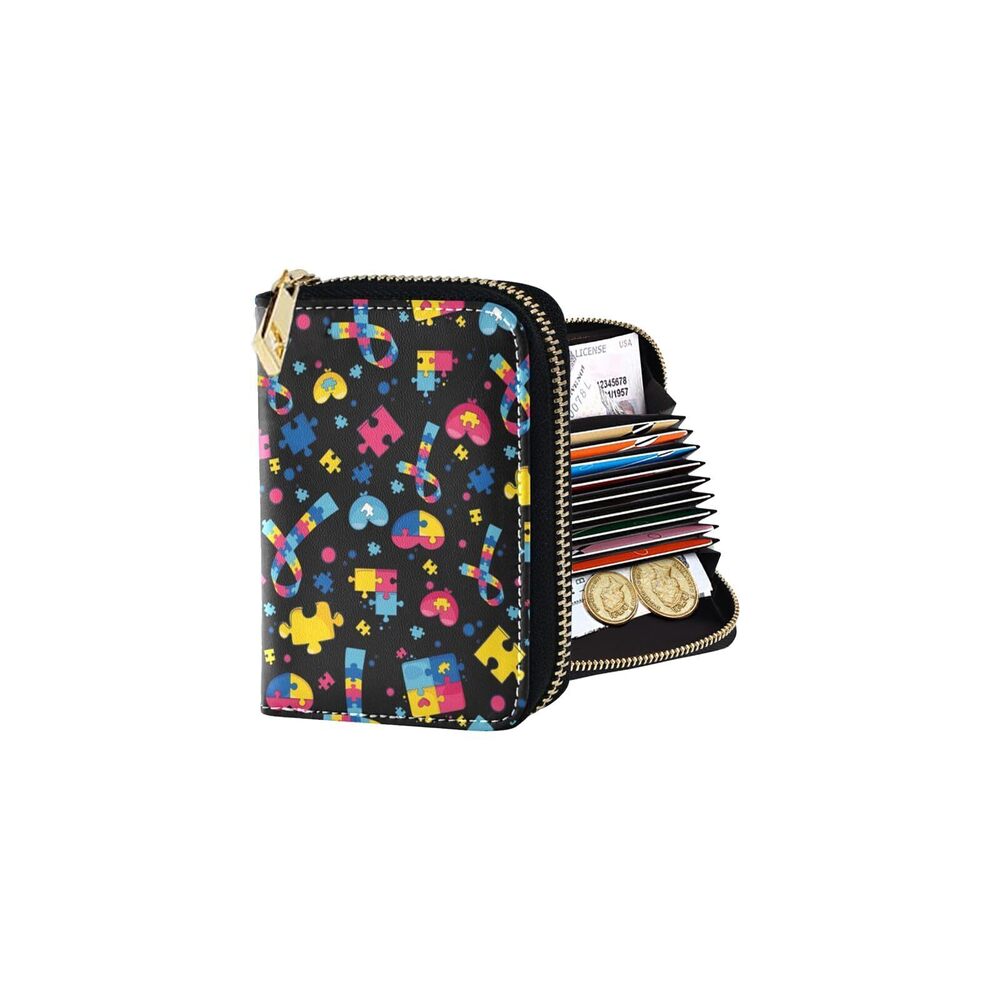 1727 autism RFID Credit Card Holder Wallets , Leather Zipper Card Case